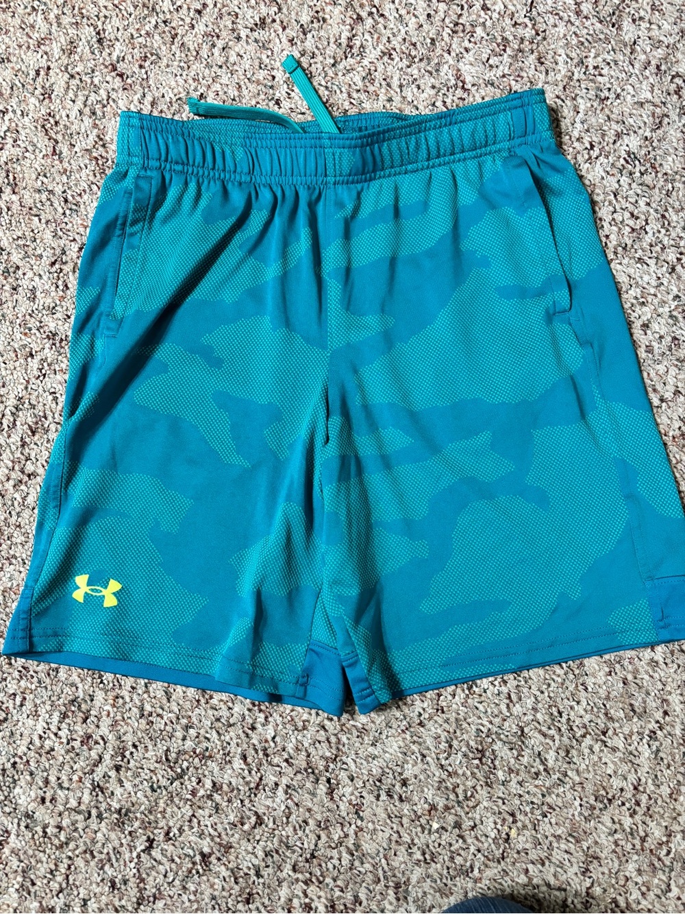 Under Armour Boys Teal Camo Athletic Shorts with Yellow Logo